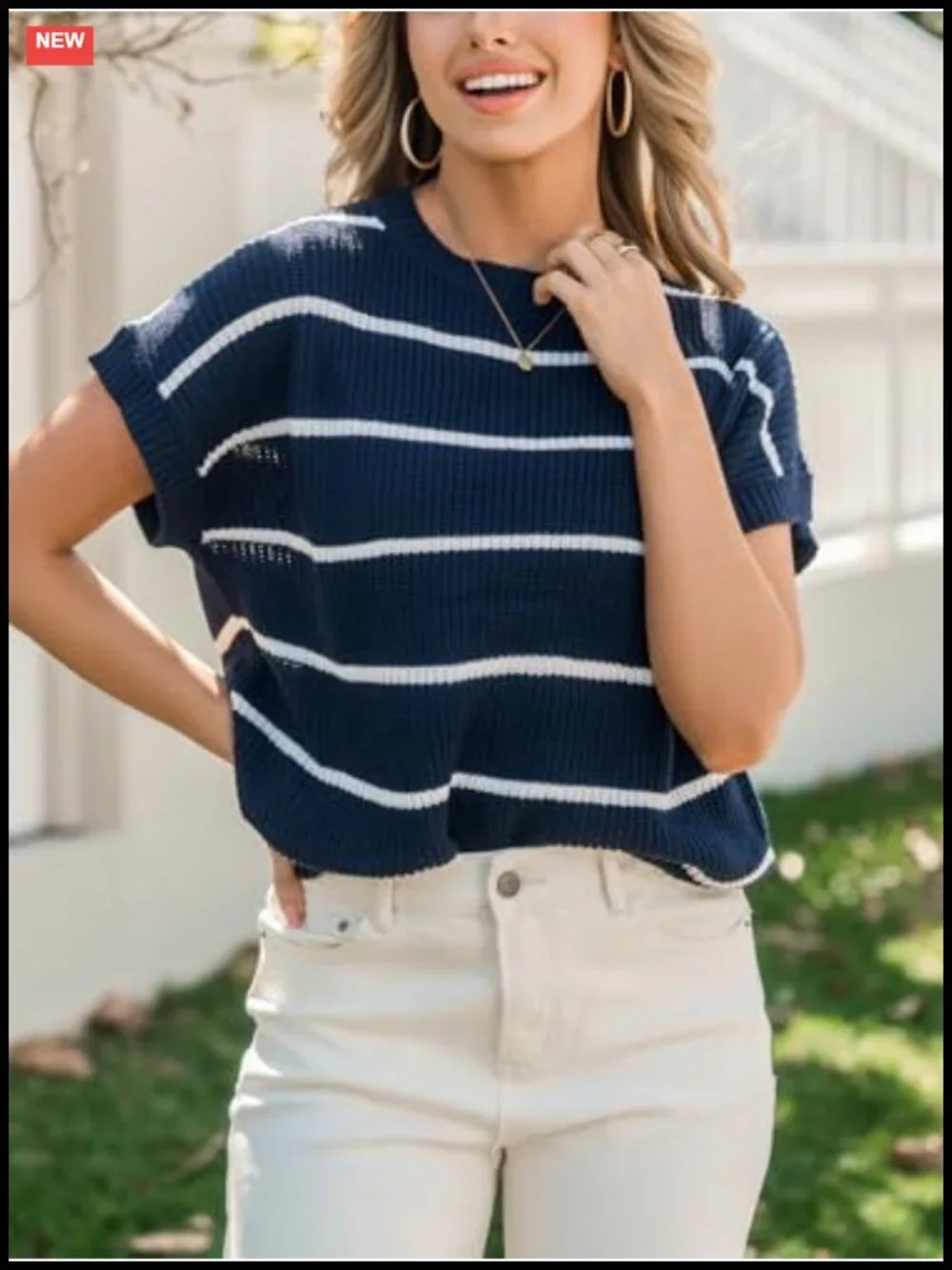 Womens Striped Short Sleeve Knit Sweater Casual Crew Neck Cap Sleeve Pullover